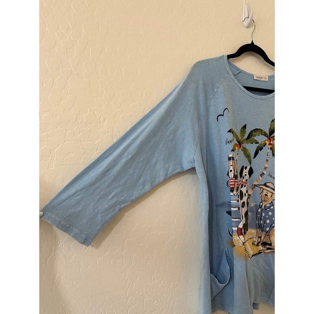 Jess & Jane Women Blue Dog Beach Tunic Top 1X 3/4 Sleeve Pockets Vacay Beachy - Picture 6 of 12